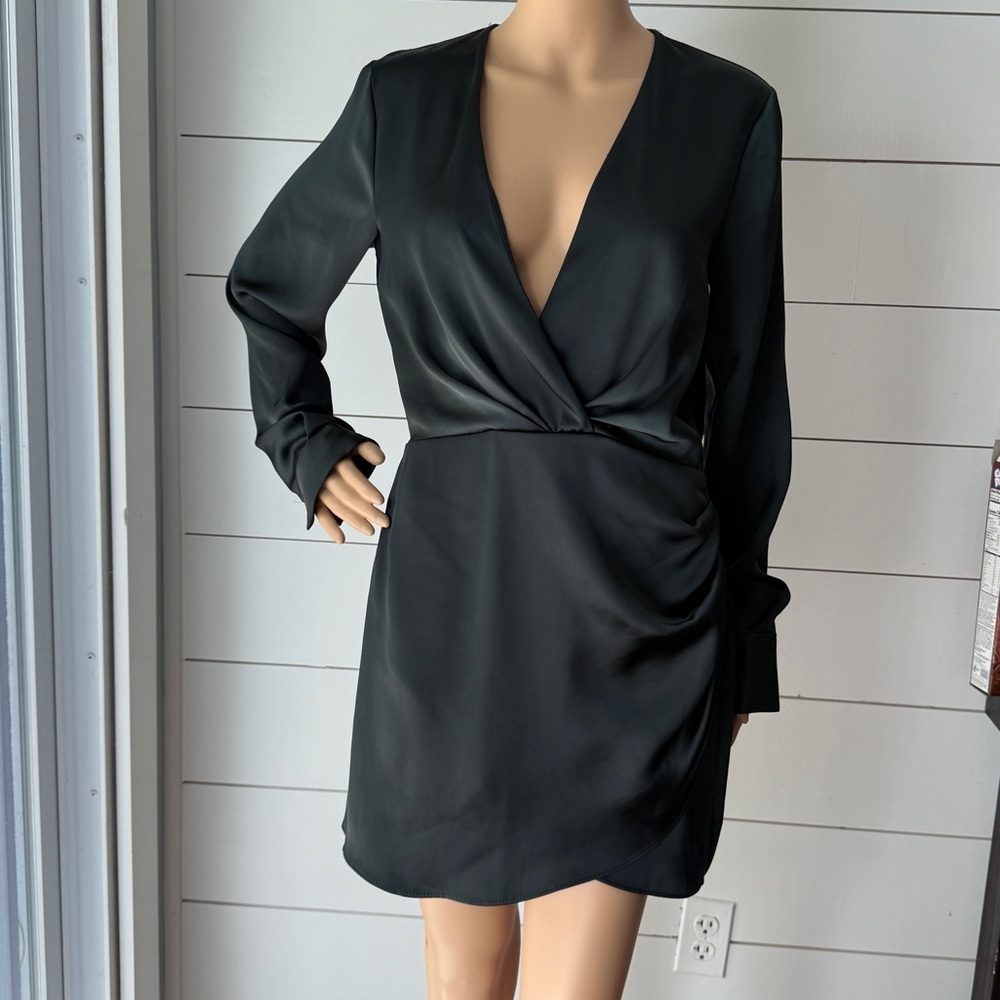 Zara Dark Green Long Sleeve Wrap Satin Dress Sz M - Picture 2 of 9